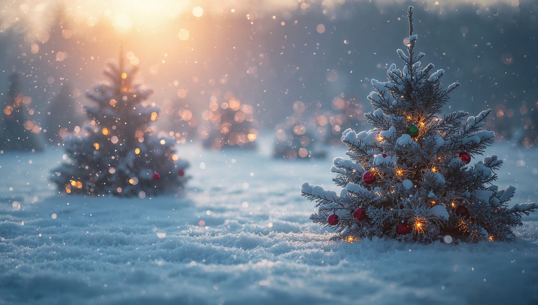 Snow-Covered Mini Christmas Tree with Warm Lights and Red Ornaments at Sunset