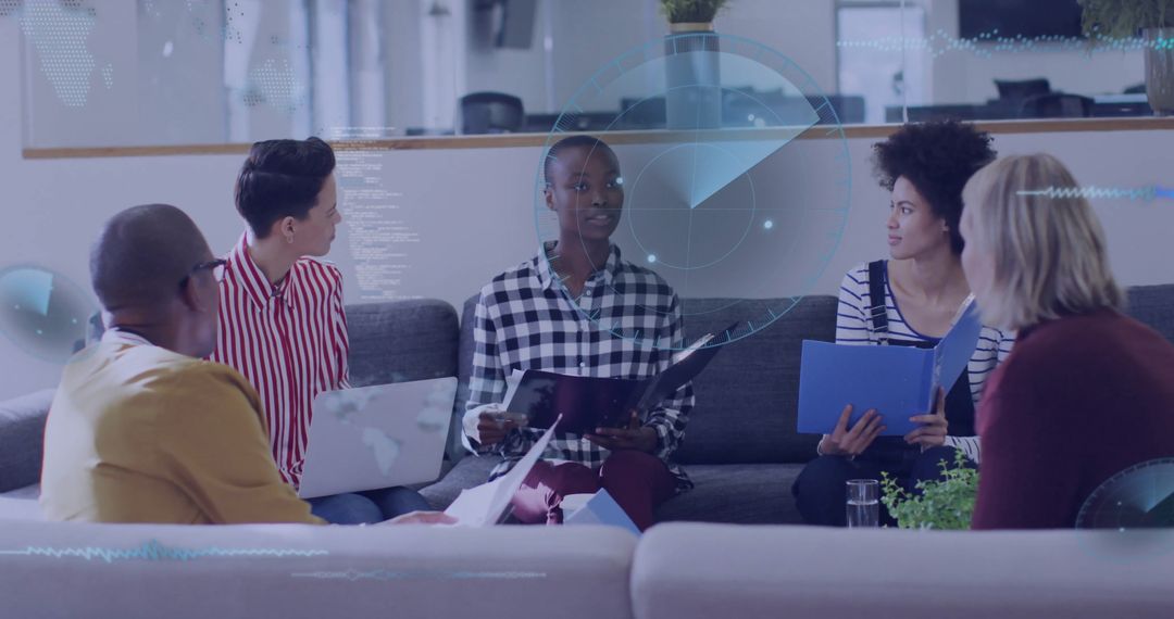 Diverse Team Collaborating in Modern Lounge Space