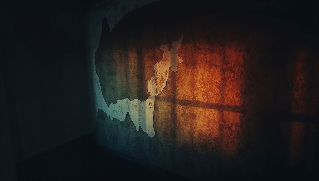 Textured Wall with Peeling Wallpaper and Sunlight in Rustic Room