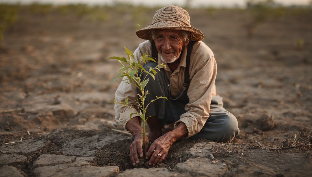Elderly Farmer Planting Tree in Drought-Stricken Field