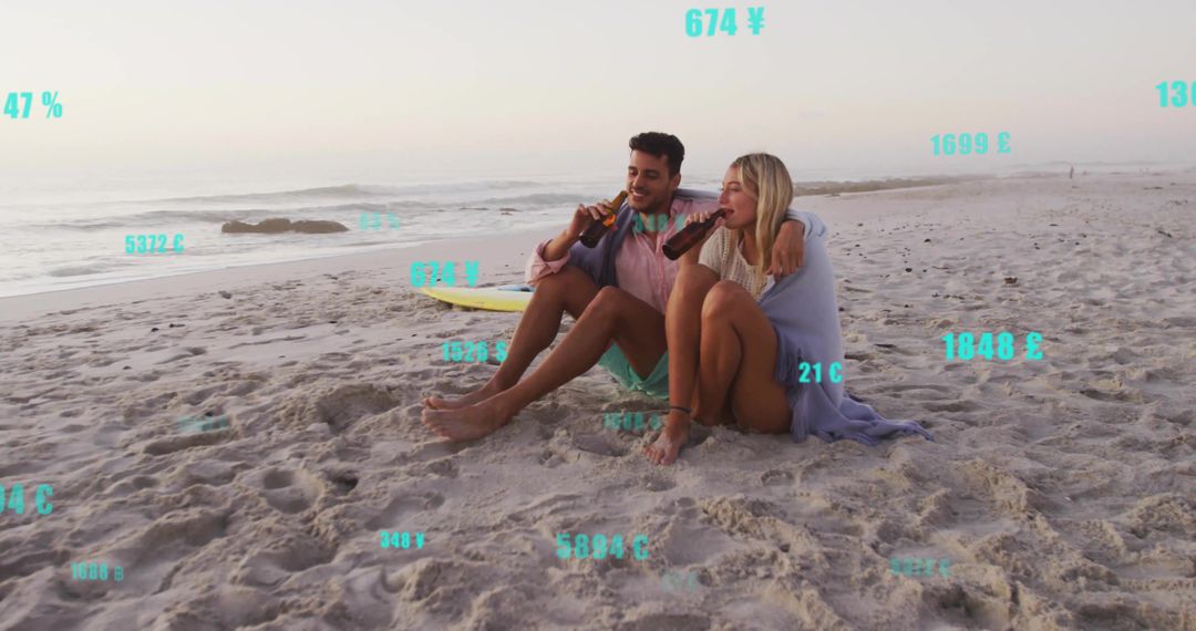 Couple Relaxing on Beach with Surfboard at Twilight