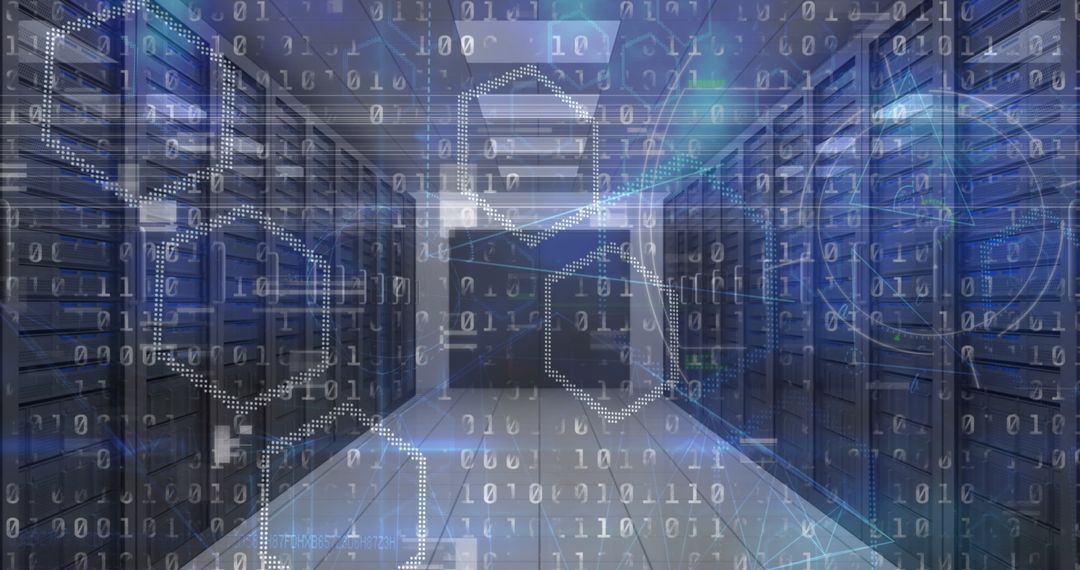Data Processing in Modern Server Room with Binary Code Overlay