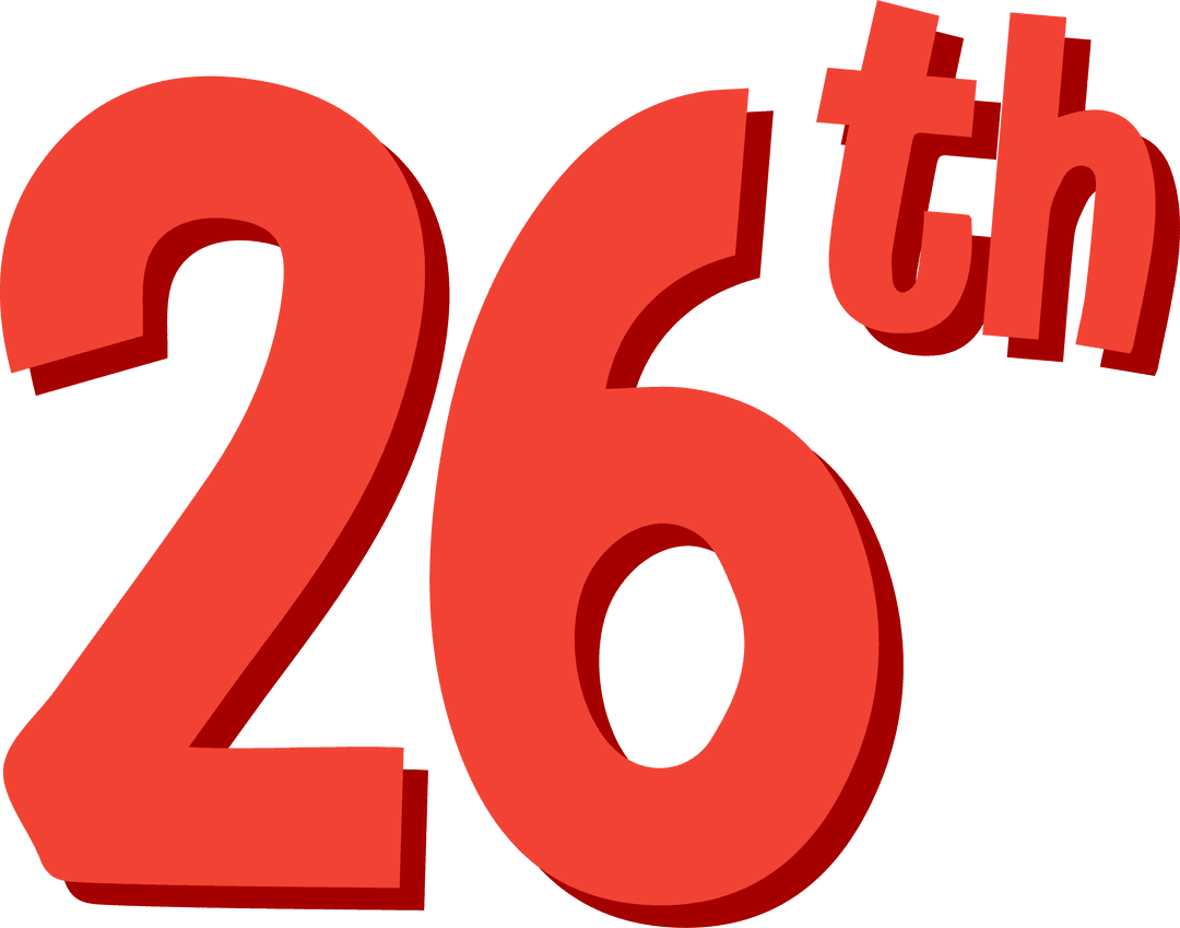 Red 3d number 26th casting shadow on transparent background