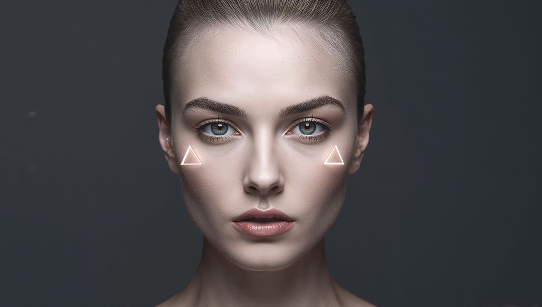 High-fashion symmetric beauty portrait showing illuminated cheek triangles and flawless skin