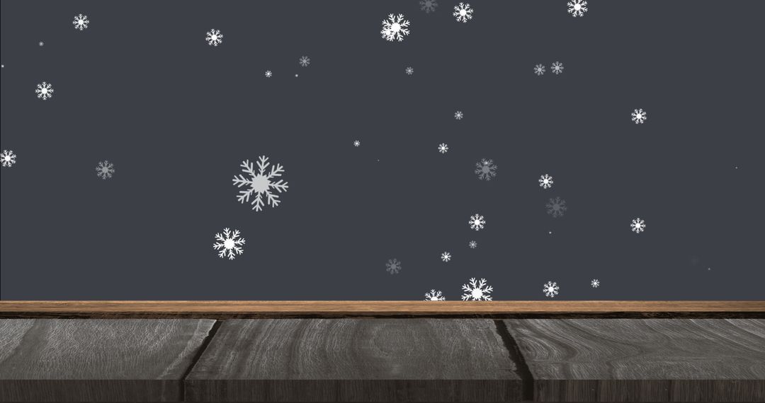 Snowflakes Falling on Wooden Surface with Dark Background