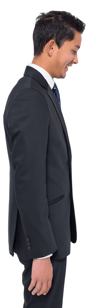 Smiling Businessman Looking Down in Suit on Transparent Background