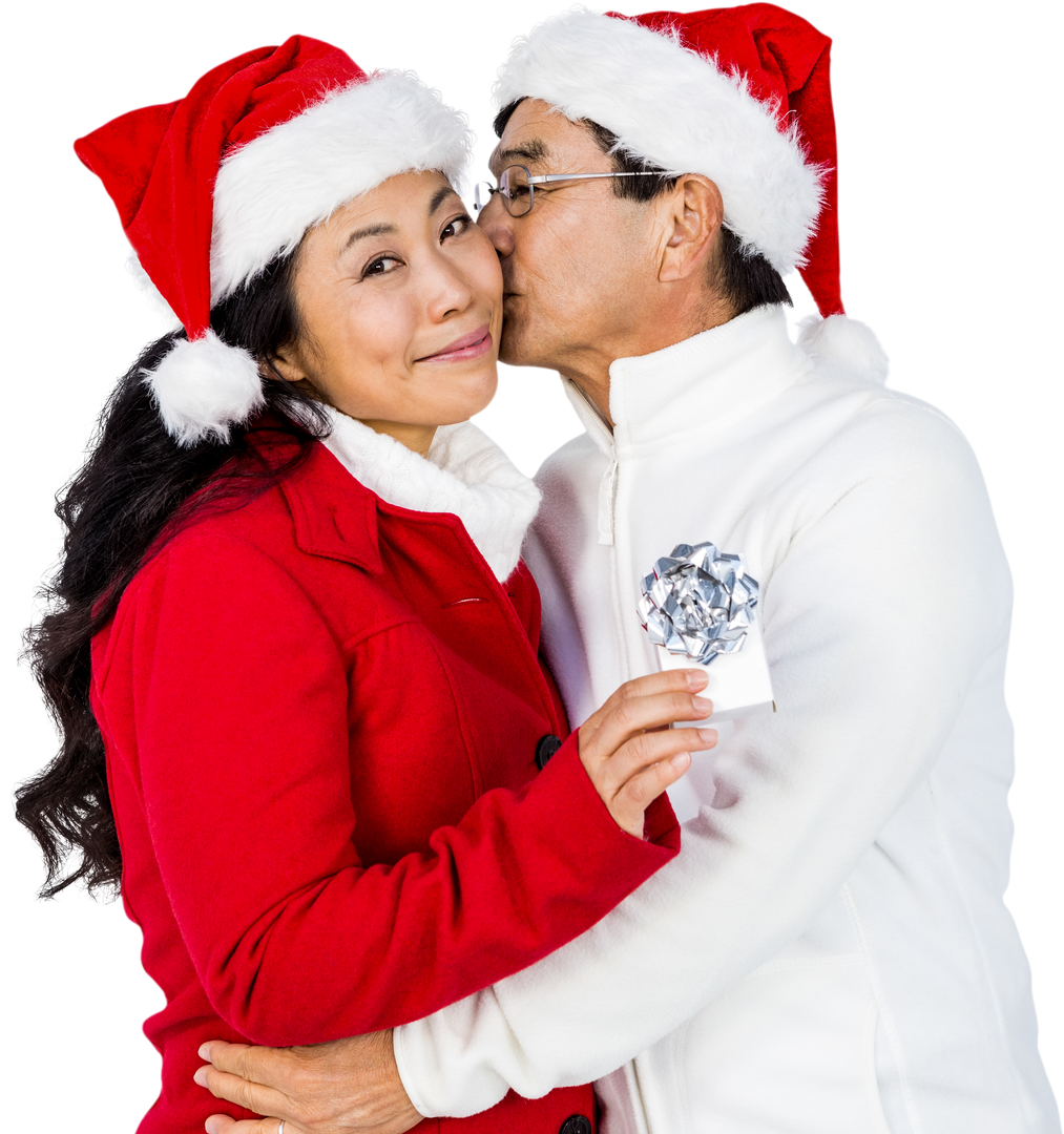 Happy Couple With Gifts, Embracing, Wearing Santa Hats and Christmas Attire, Transparent Background - Download Free Stock Images Pikwizard.com