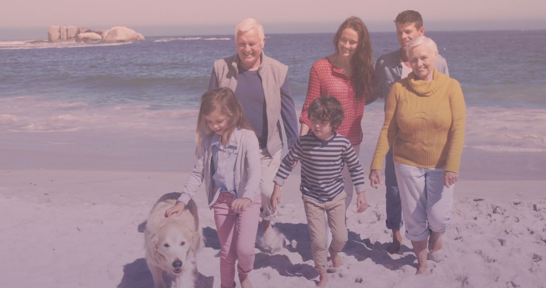 Multi-Generational Family Strolling with Dog by Ocean