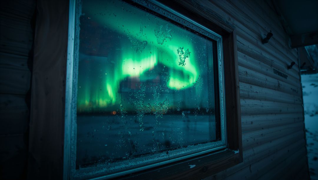 Aurora Borealis Reflected in Cabin Window Amidst Snowy Wilderness