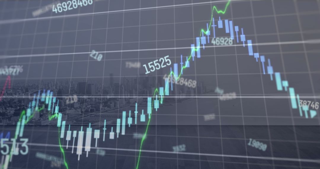 Financial Graphs Displayed Over Aerial City View