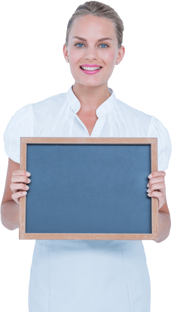 Transparent Portrait of Smiling Businesswoman Holding Chalkboard