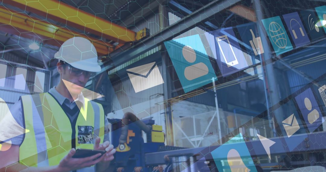 Construction Worker Using Smartphone Amidst Digital Overlay