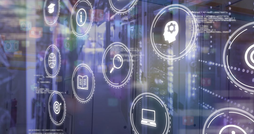 Digital Icons Overlaying Server Room for Technology and Communication Theme