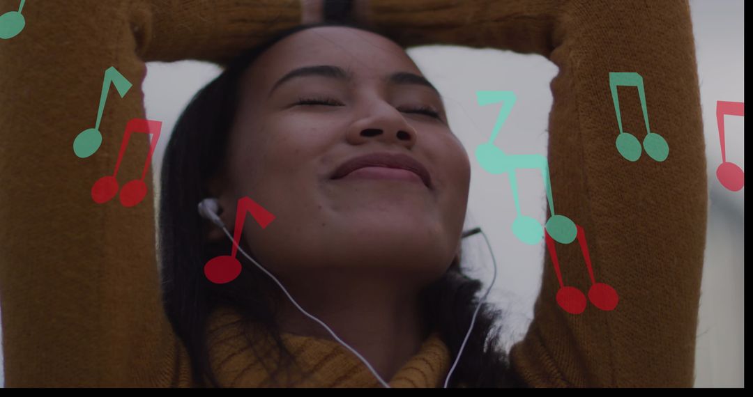 Woman Enjoying Music in Urban Environment with Colorful Notes