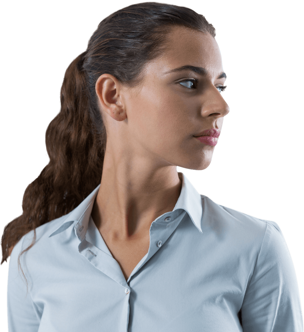 Thoughtful Woman in Executive Attire Facing Sideways with Transparent Background