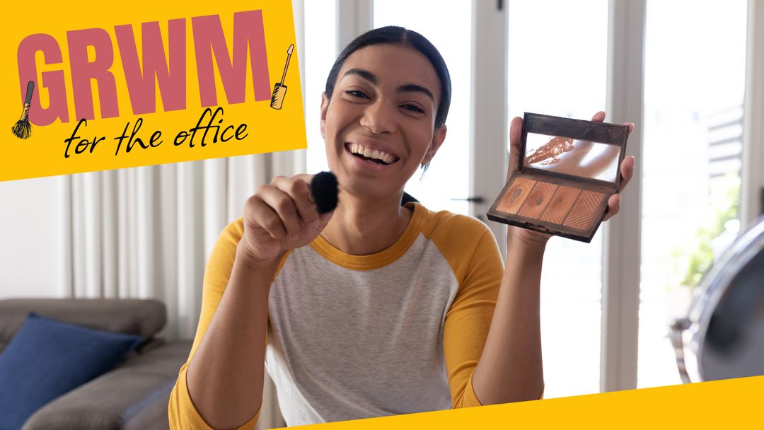 Joyful Woman Demonstrating Office Makeup Routine with Palette