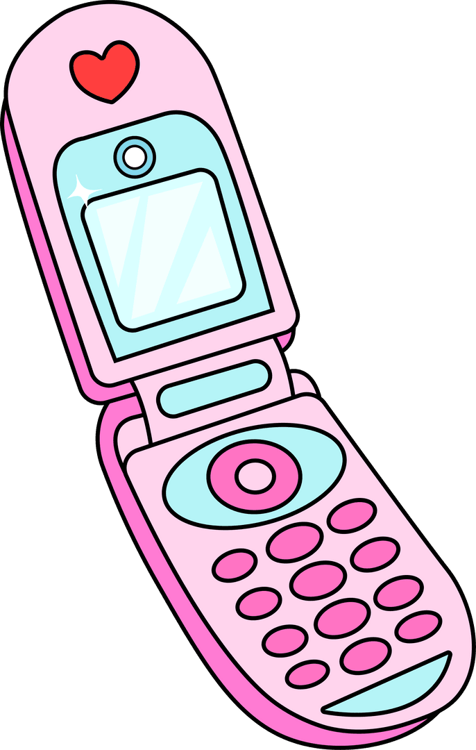 Nostalgic Pastel Cartoon Flip Phone on Transparent Background