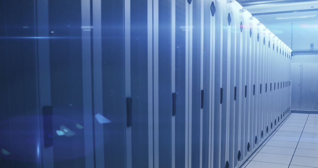 Modern Data Center Server Room with Blue Tint