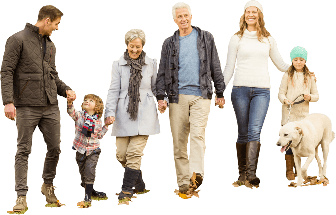 Happy Caucasian Family Strolling with Dog on Transparent Background