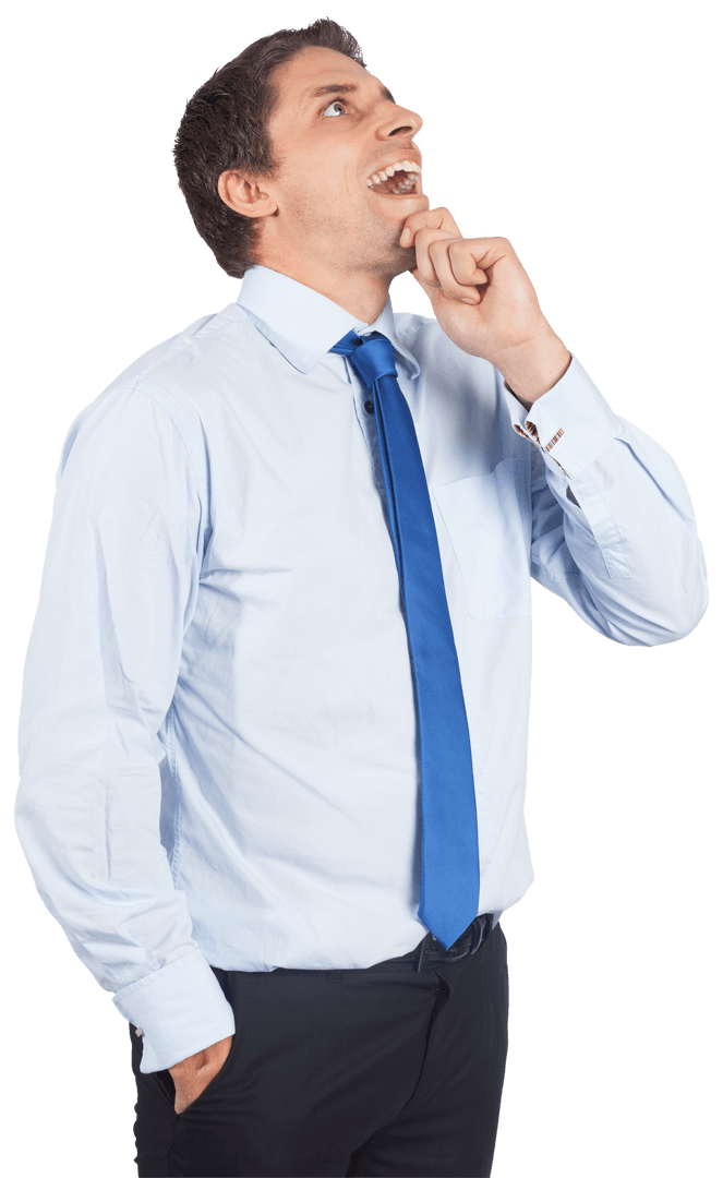 Transparent Image of Businessman in Blue Tie Thinking and Smiling