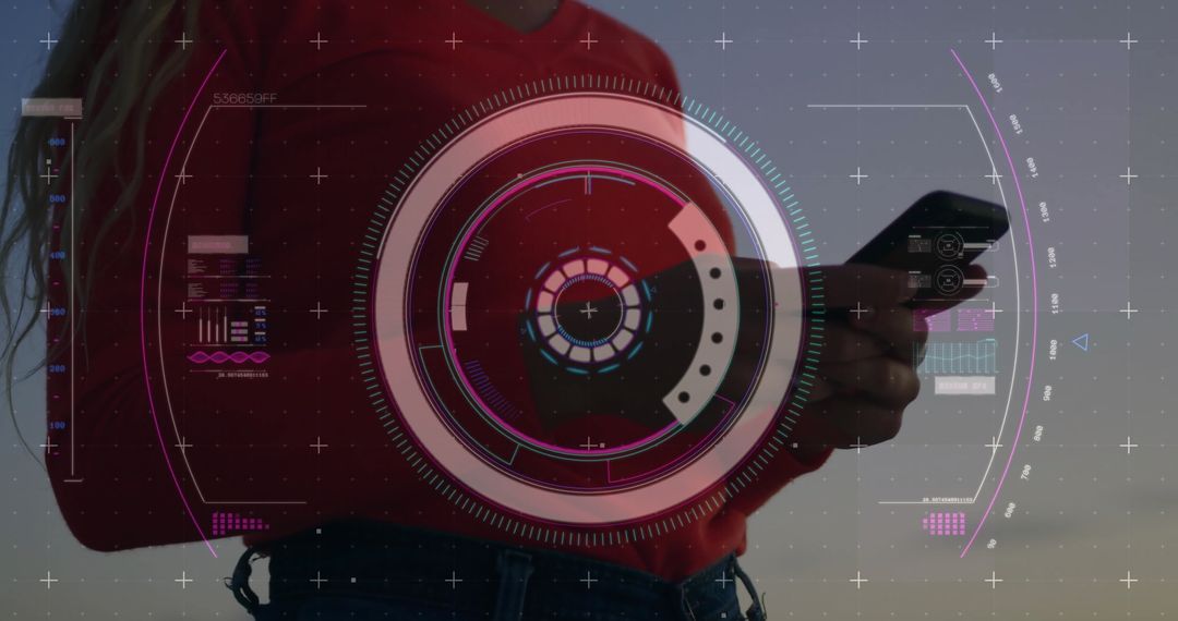 Abstract Data Visualization Overlay on Person Using Smartphone Outdoors