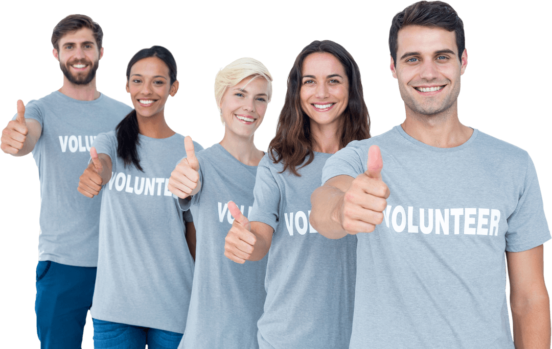 Happy Diverse Volunteers Giving Thumbs Up on Transparent Background