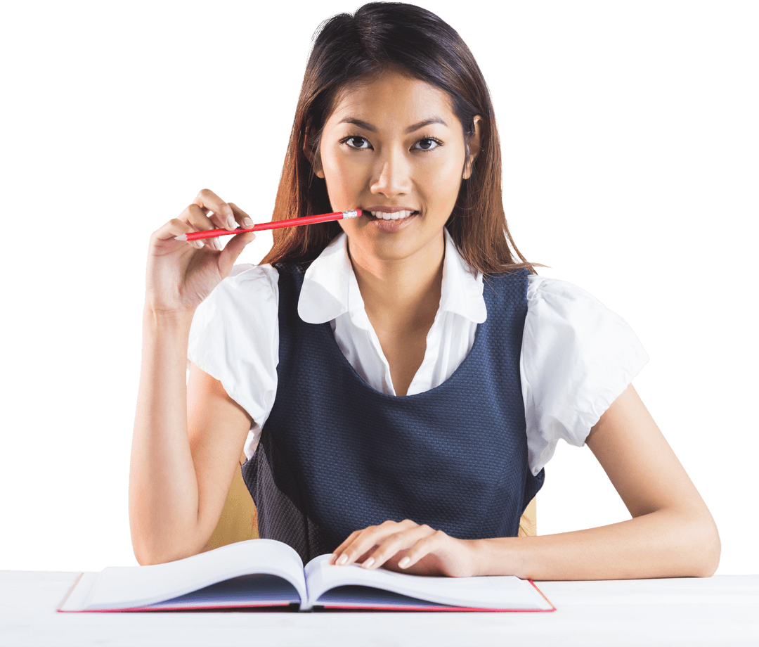 Biracial Female Student Learning with Book on Transparent Background