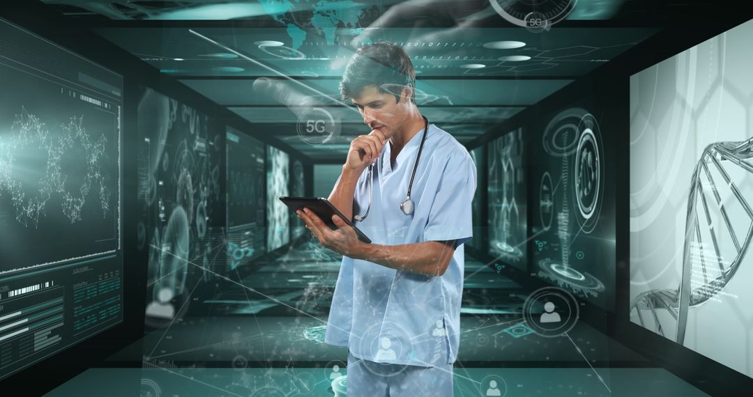 Doctor Analyzing Digital Medical Data in Futuristic Environment