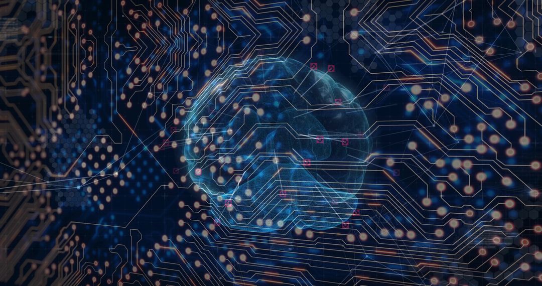Futuristic Digital Brain with Circuitry and Glowing Data Points