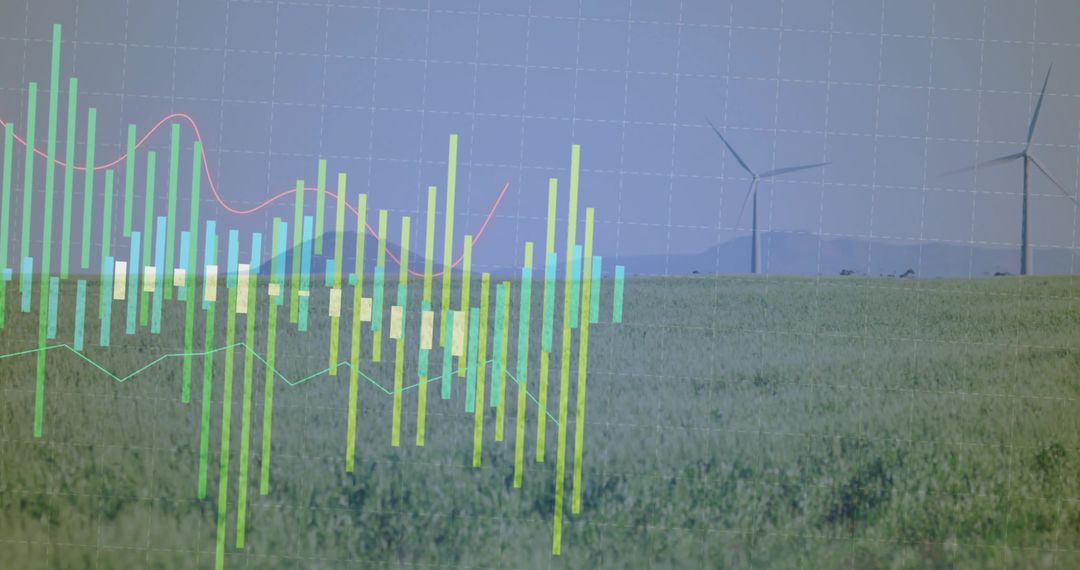 Futuristic Data Visualization Over Wind Farm Landscape