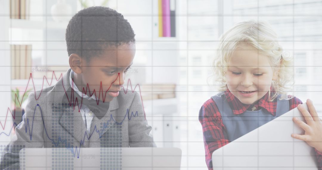 Diverse Children Collaborating on Digital Financial Data at Office