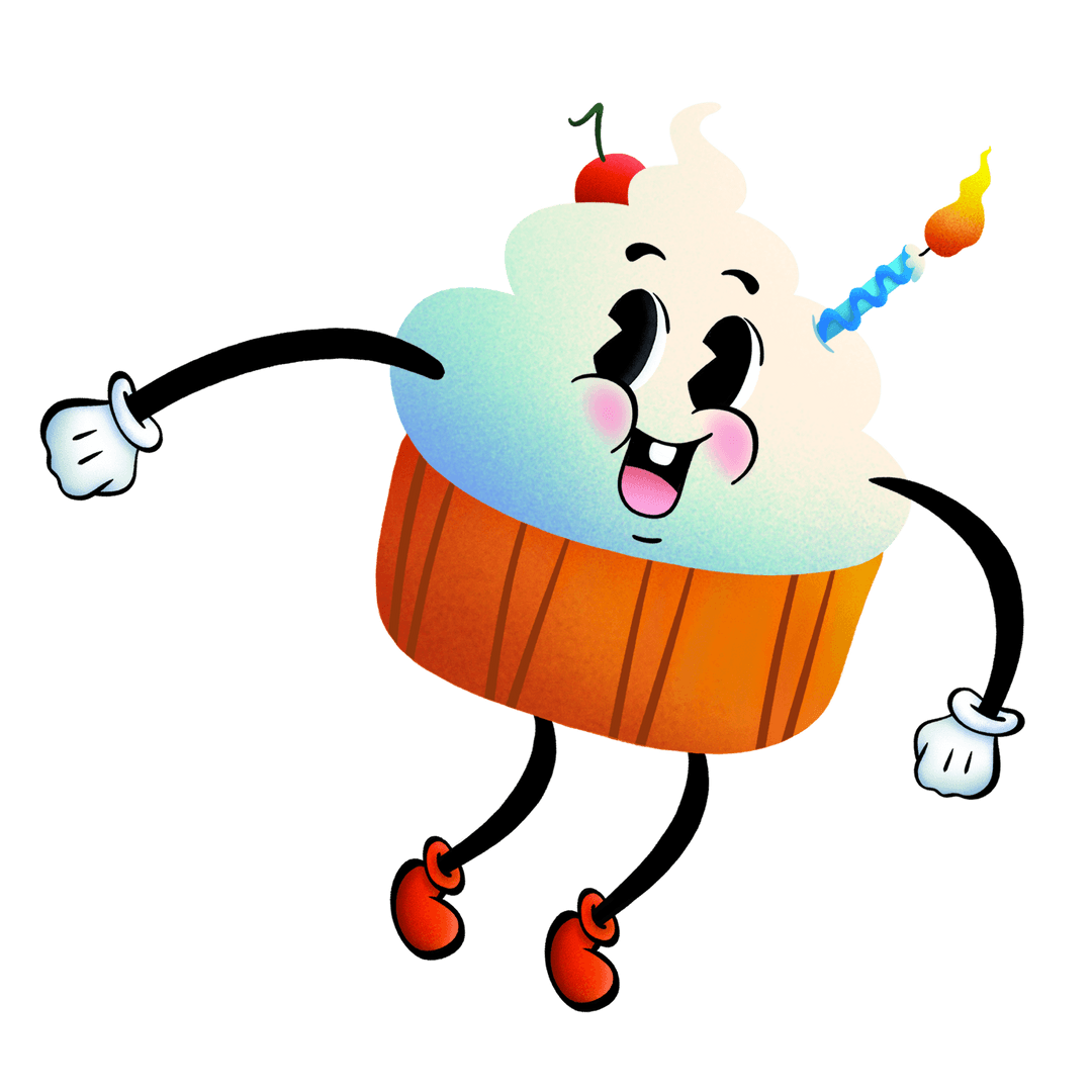 Happy Cupcake Character Dancing with Candle on Transparent Background