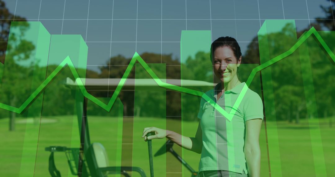 Smiling Woman Golfer with Overlayed Financial Growth Graphs