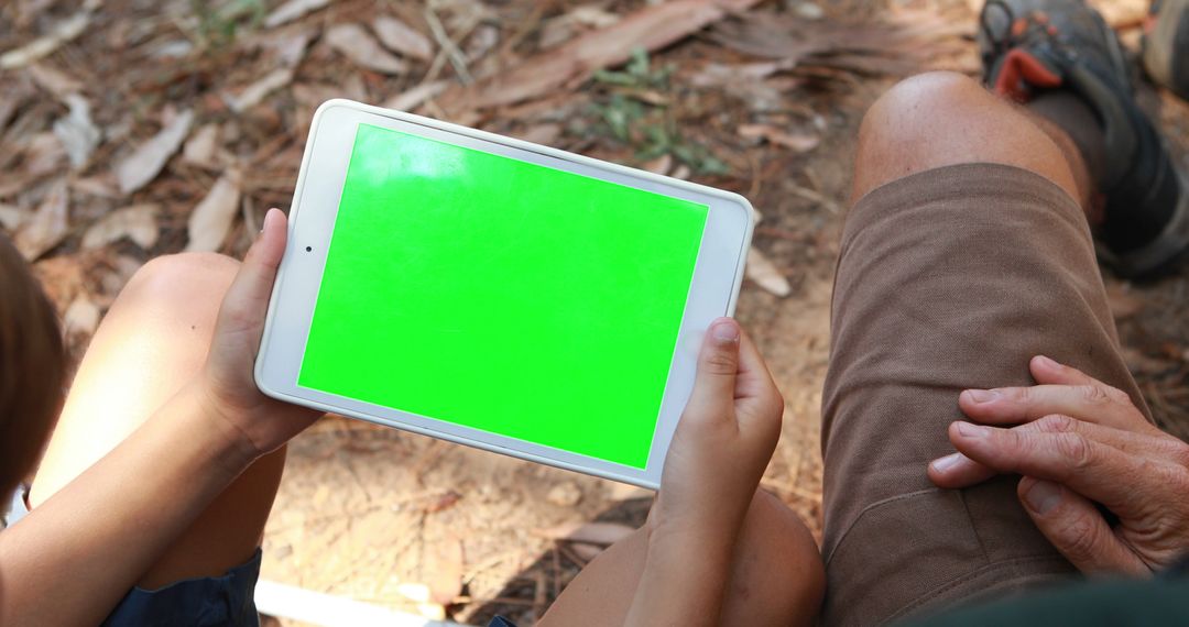 Child Holding Tablet with Blank Green Screen in Outdoor Setting - Free Images, Stock Photos and Pictures on Pikwizard.com