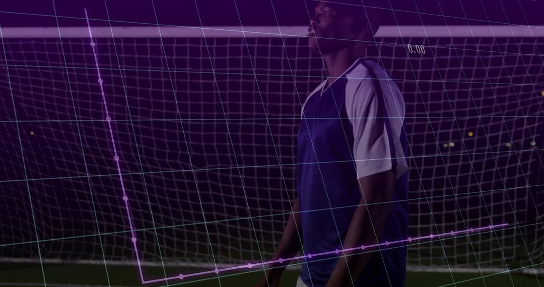 Nighttime soccer goalkeeper standing on turf with purple augmented data overlay and grid