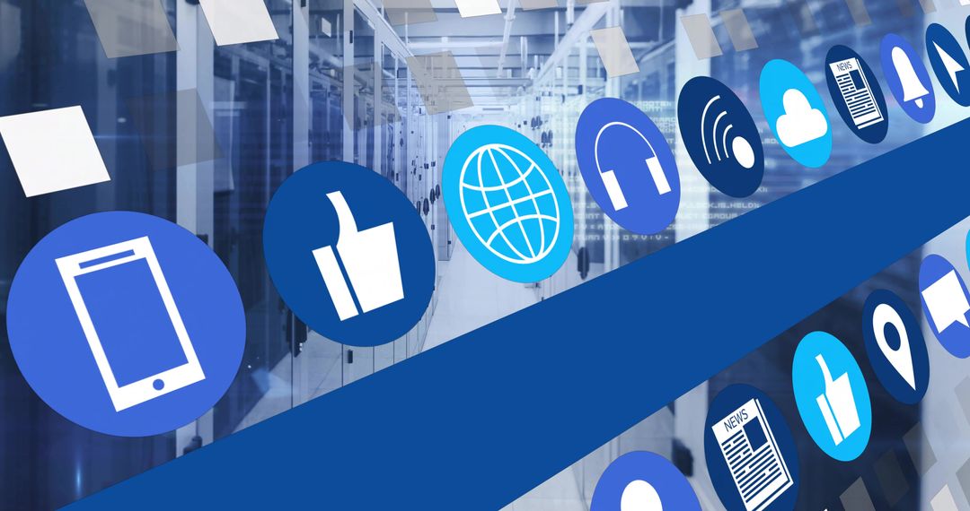 Digital network icons overlaying datacenter corridor with diagonal blue band