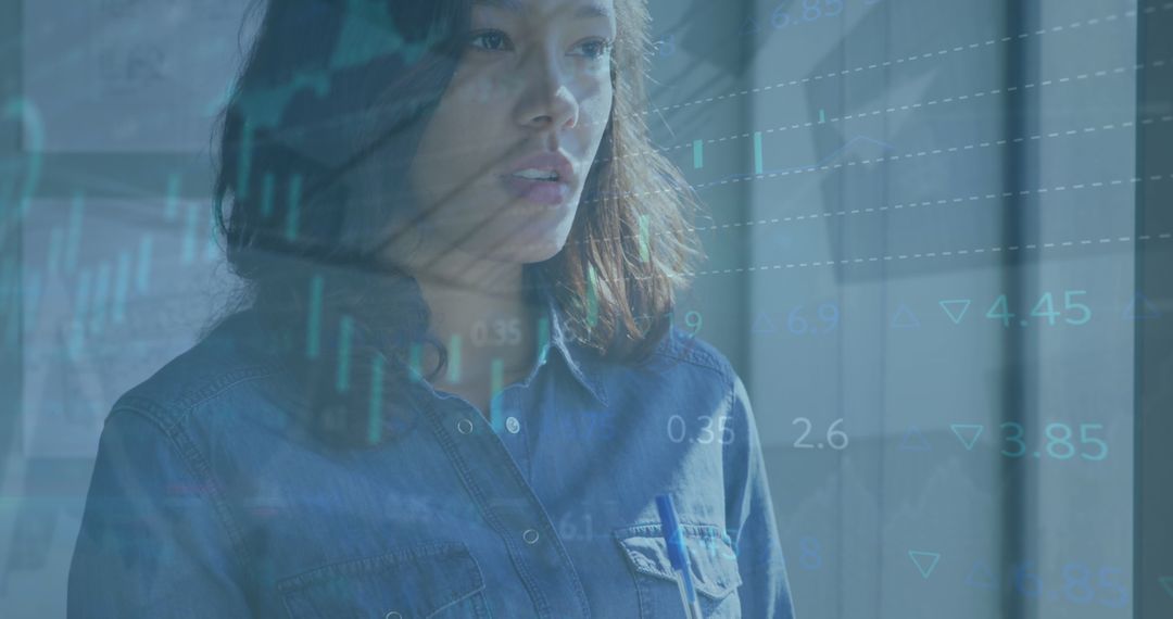 Businesswoman Contemplating with Data Overlay in Office