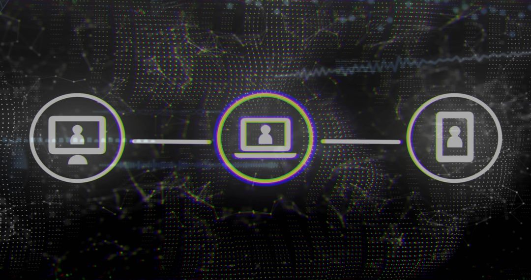 Neon glitch network showing central laptop connecting desktop and tablet in digital data matrix
