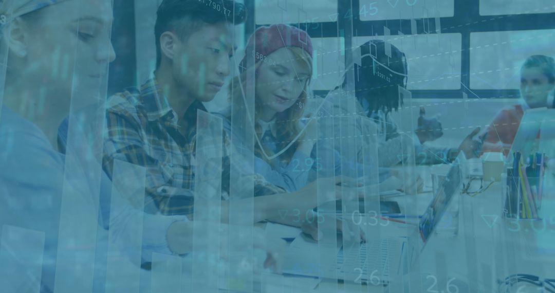 Diverse Team Collaborating with Laptops and Notebooks in Stylish Office