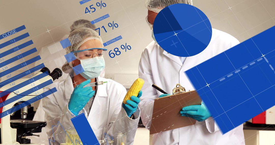 Biotechnology Research Scientists Analyzing Corn with Data Overlays