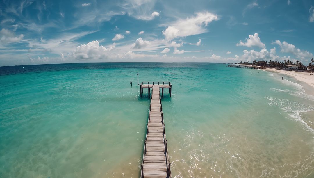 Wooden Pier Stretching into Turquoise Ocean with Palm-Fringed Sandy Beach Horizon