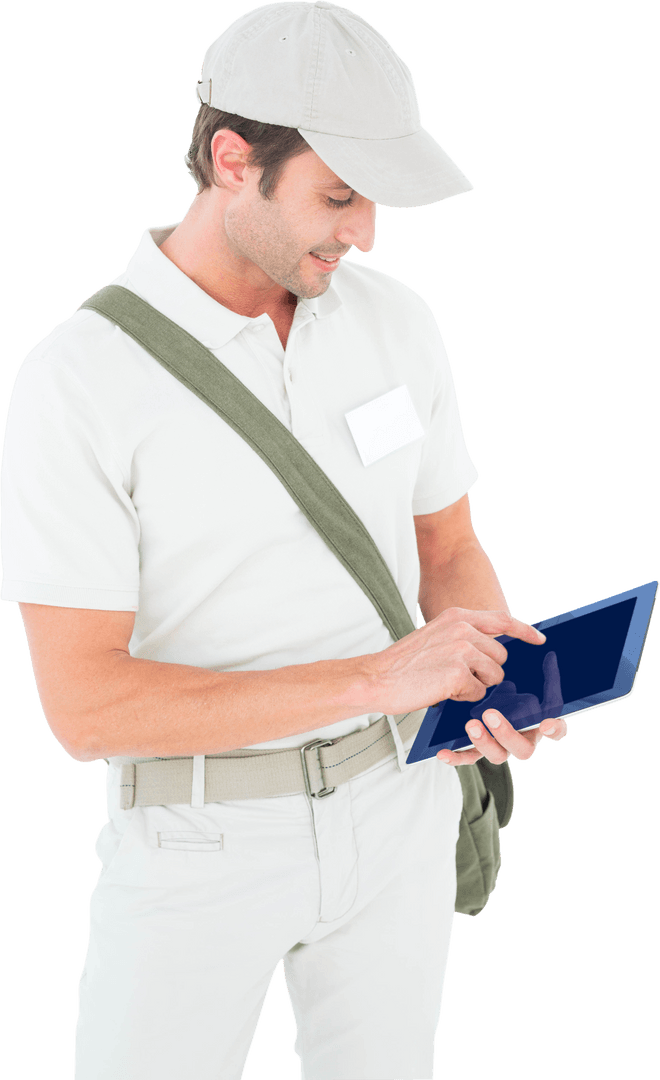 Transparent Delivery Man Using Digital Tablet with Completion Bag