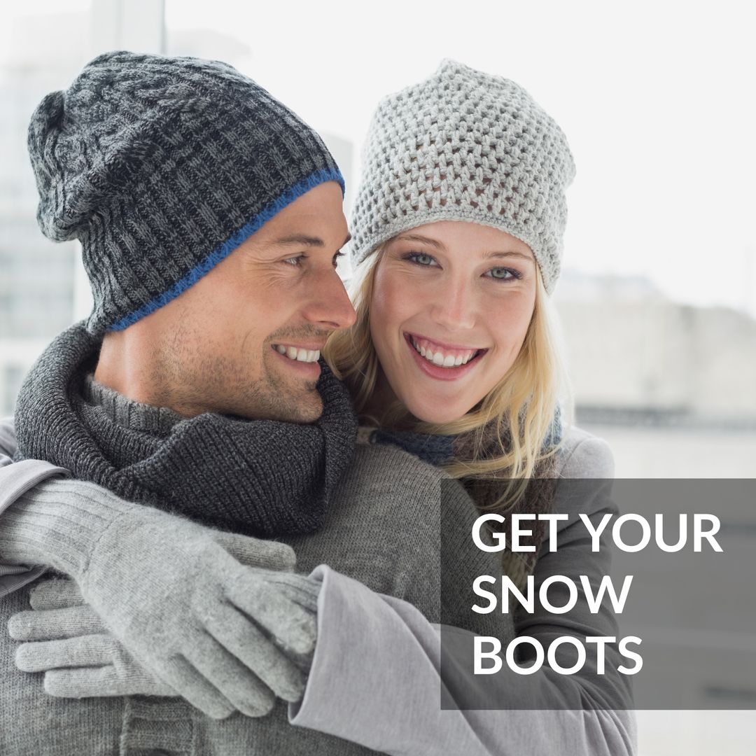 Happy Couple Embracing in Winter Clothing with Snow Boots Ad - Download Free Stock Templates Pikwizard.com