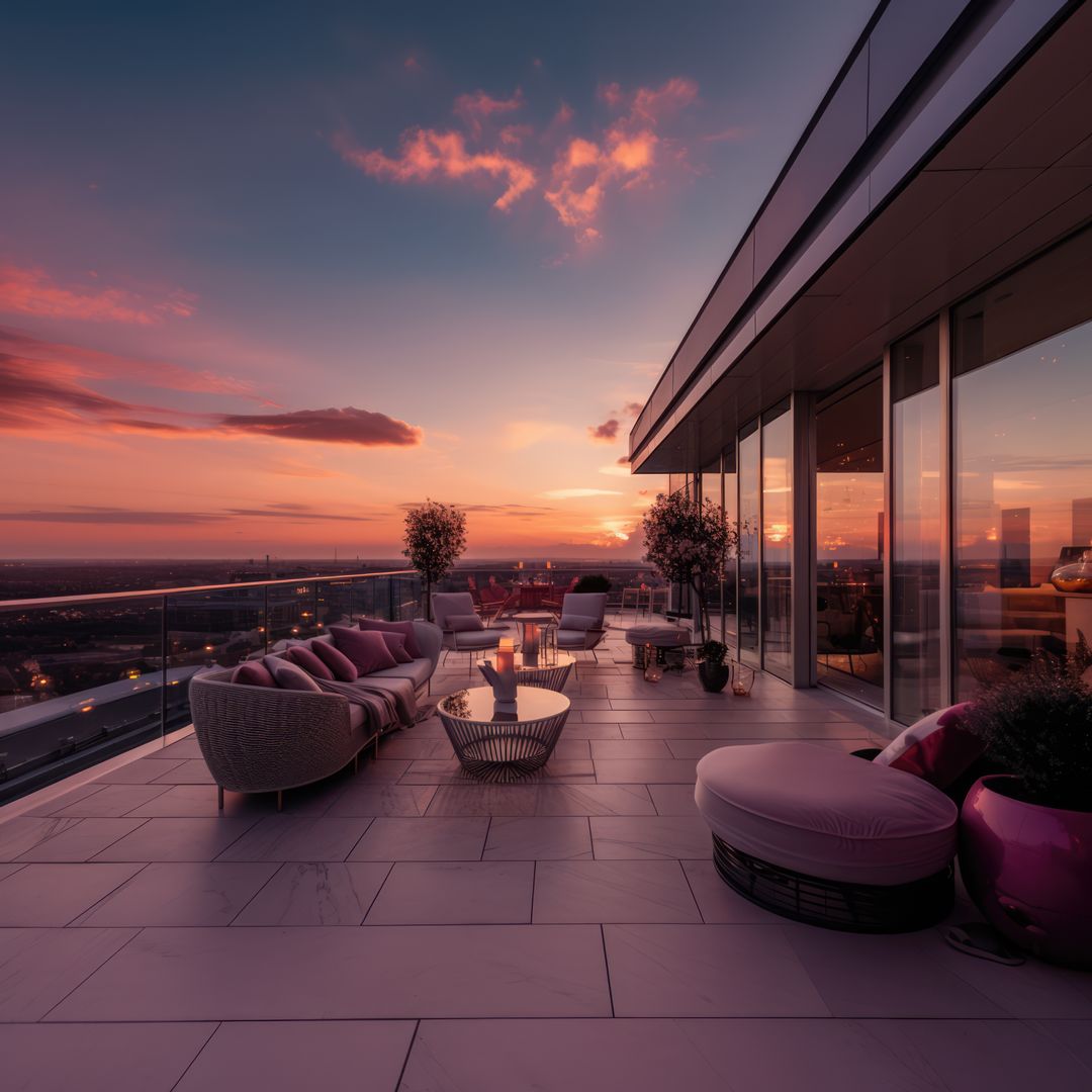 Luxury rooftop terrace with stunning city sunset view - Free Images, Stock Photos and Pictures on Pikwizard.com