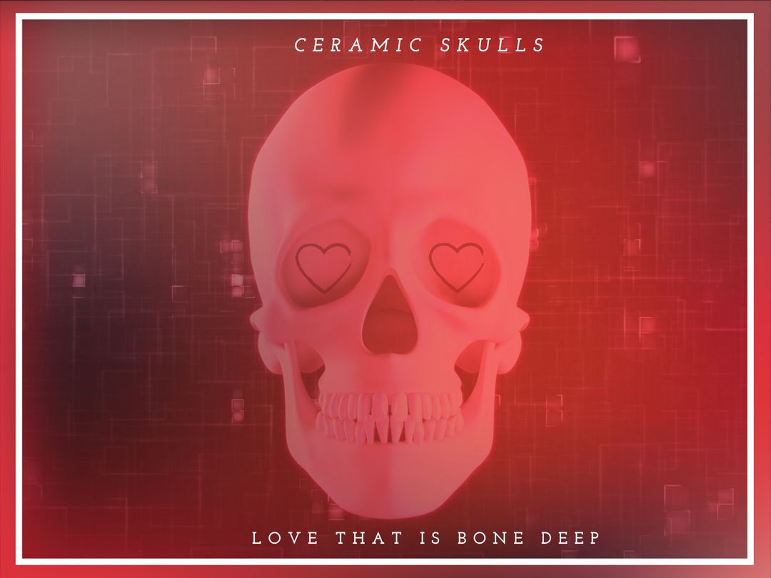 Ceramic Skull with Heart Eyes Symbolizing Gothic Romance