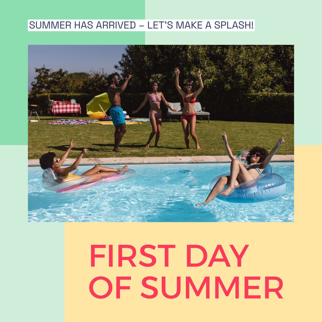 Joyful Diverse Friends Celebrating Start of Summer in Pool