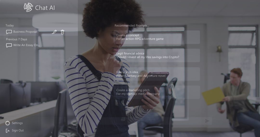 Businesswoman Using AI Chat Bot on Digital Tablet in Office