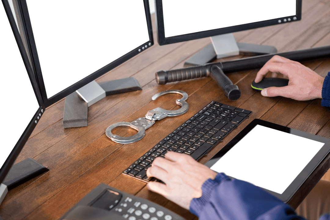 Security Officer Monitoring with Handcuffs on Desk Transparent