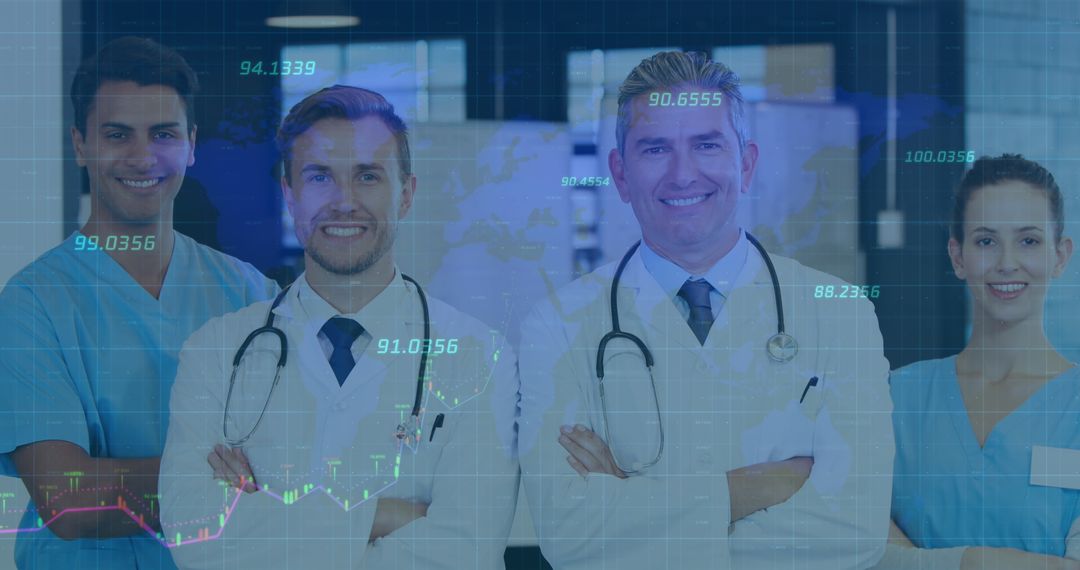 Portrait of Medical Professionals with Global Technology Overlay