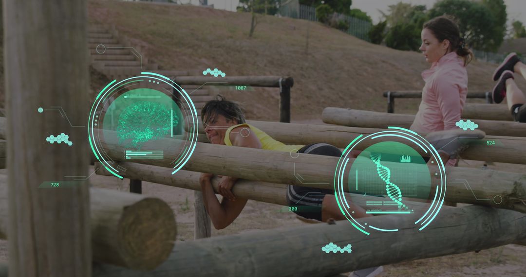 Diverse Women Tackling Obstacle Course with Digital Data Overlay